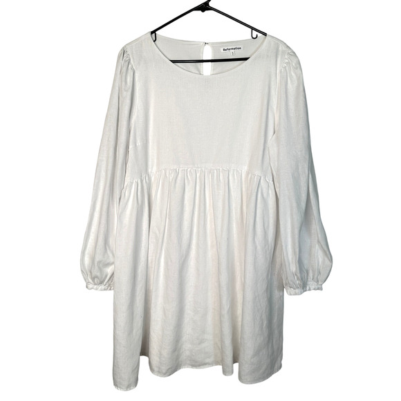 Reformation XL Ramone Babydoll 100% Linen Mini Dress Long Sleeve Fit&Flare White - Picture 3 of 10